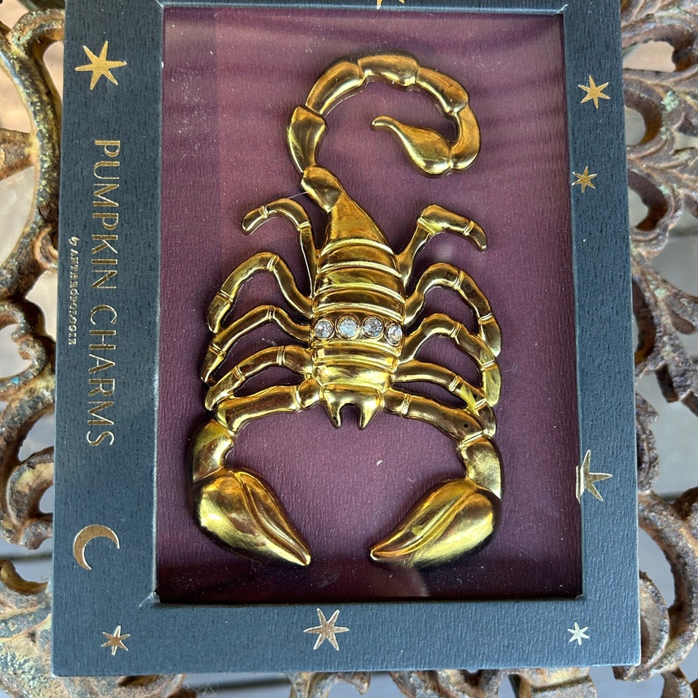 Anthropologie Gold Scorpion Pin / Pumpkin Charm with Rhinestones